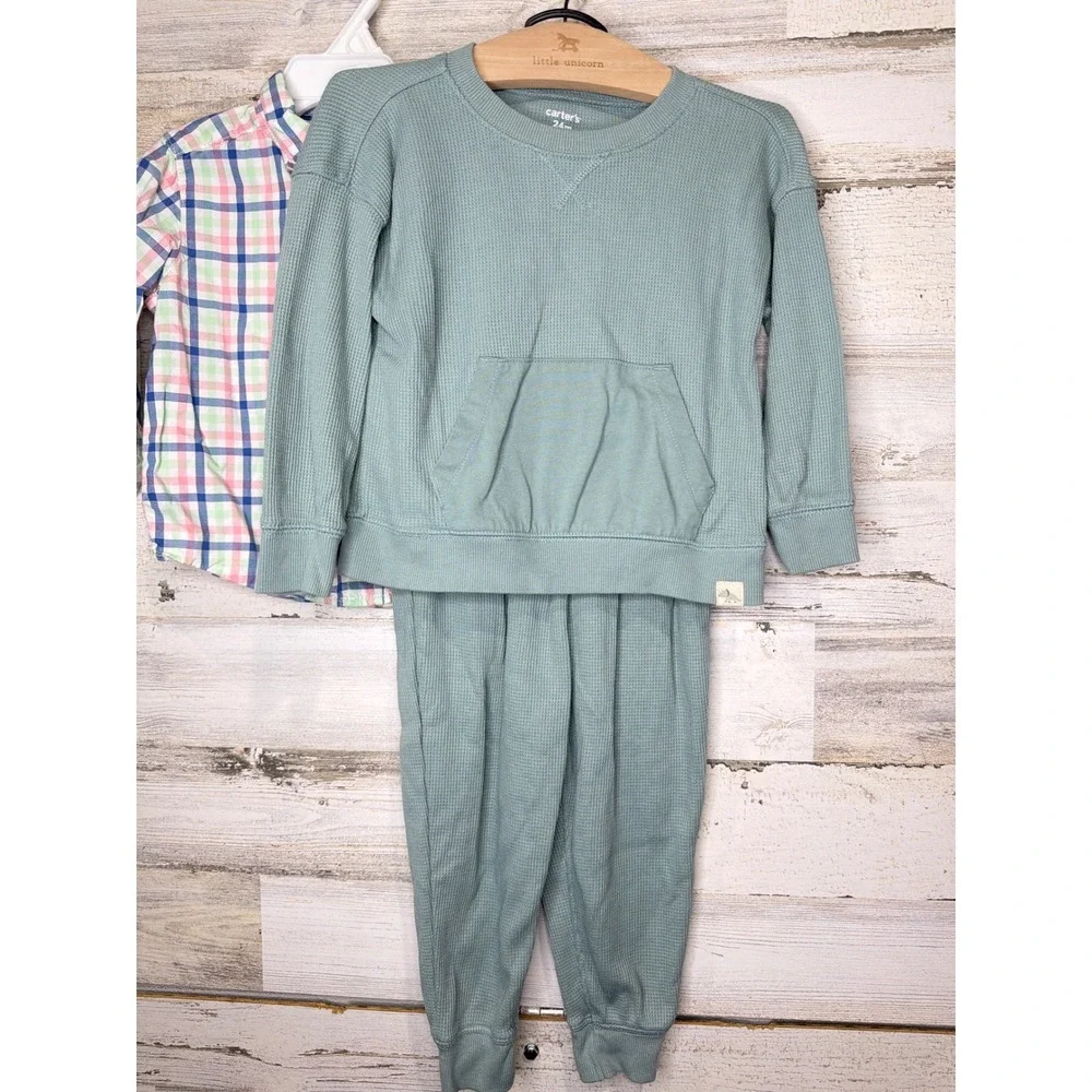 Carter's Bundle Boys 24M Blue Green Plaid Sweater Waffle Set Preppy EUC
